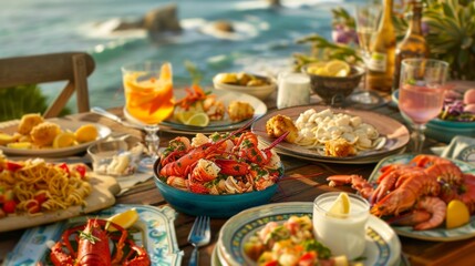 Indulge in a seaside seafood feast with lobster and pasta, offering luxury and gourmet culinary delight