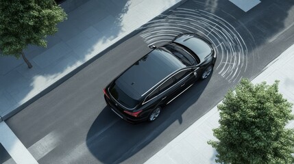 Aerial View of a Modern Car Utilizing Advanced Sensor Technology on a Smooth Urban Road