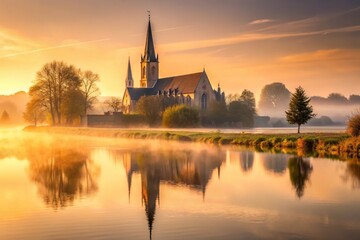 Obraz premium Minimalist gothic church on riverbank during golden morning light
