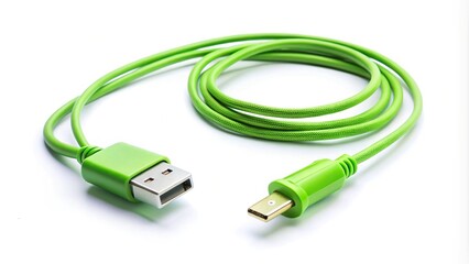 Minimalist green wire cable of USB and adapter isolated on white background with selective focus.