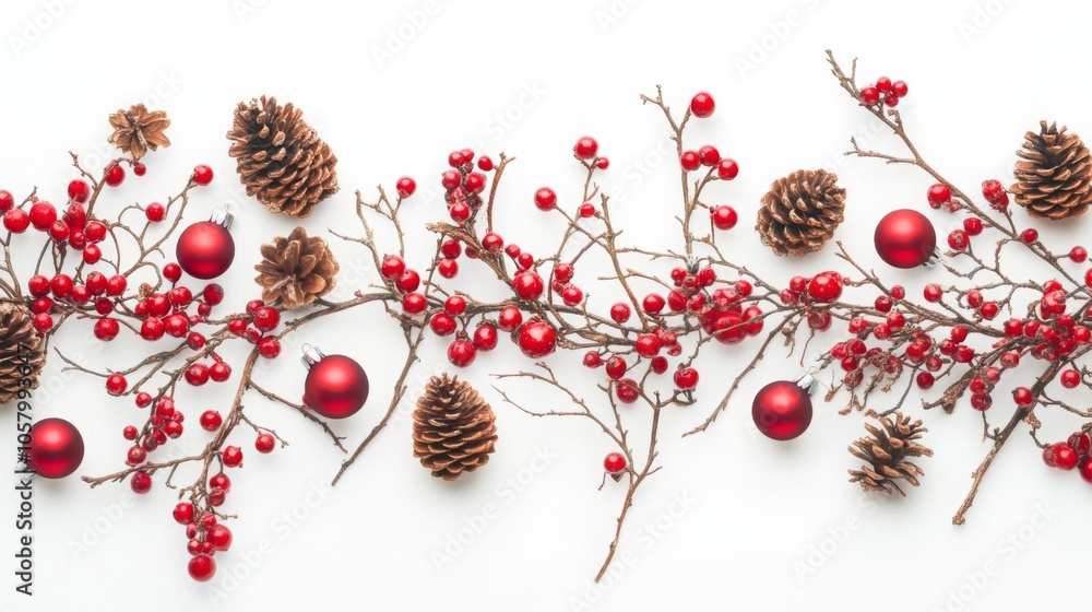Poster a vibrant display featuring red berries, pine cones, and shiny ornaments arranged neatly on a bright