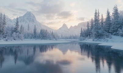 An empty scene featuring (a winter wonderland scene with a frozen lake and snow-covered trees), creating an ideal product mockup space