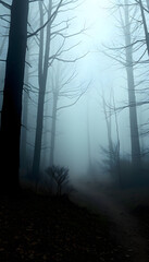 Fototapeta premium Fairy Mysterious Forest. Mystical atmosphere. Paranormal another world. Fairytale. Stranger forest in a fog. Dark scary park. Background wallpaper isolated with white highlights, png