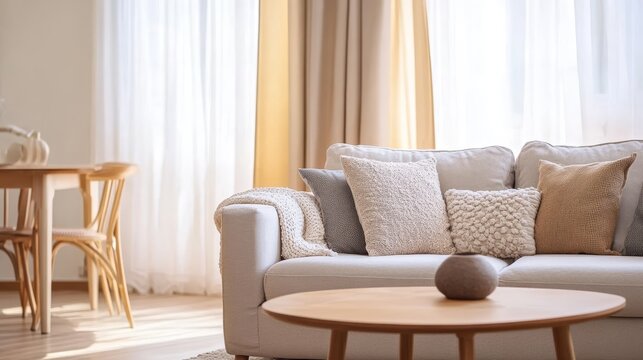 Cozy Modern Living Room with Light Curtains and Neutral Decor