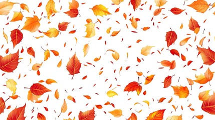 A seamless background of falling autumn leaves in shades of gold, red, and orange, isolated on a transparent backdrop.