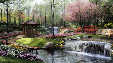A tranquil garden with a gazebo, flowing waterfalls, and a winding stone path.