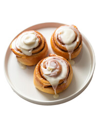 Delicious cinnamon rolls topped with cream cheese frosting on transparent background