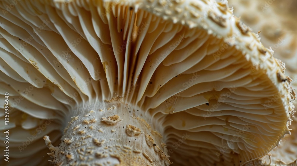 Poster the intricate structure of a mushroom with its gills and stem visible.