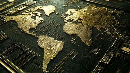 Fototapeta premium A gold world map embossed on a black surface.