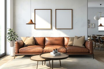 Modern Interior of Stylish Living Room ,Wall Mock Up, Frame , Poster with Beautiful Background, 3d render