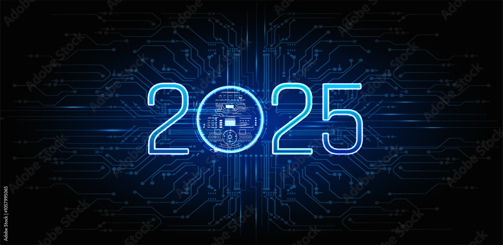 Poster futuristic digital representation of the year 2025 with circuit patterns and glowing elements illumi