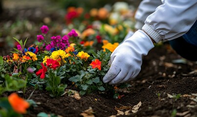Autumn gravesite care with white-gloved hand planting colorful flowers before All Saints Day.
