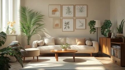 Cozy Modern Living Room with Natural Elements and Artwork