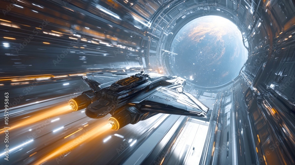 Poster a futuristic spaceship travels through a glowing tunnel in space. the sleek design and vibrant color