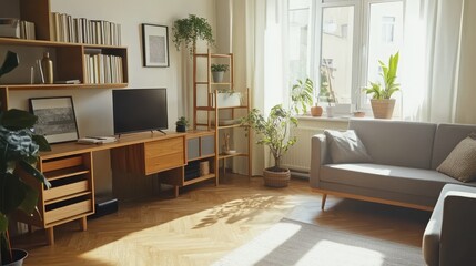 Cozy Modern Living Room with Natural Light and Plants