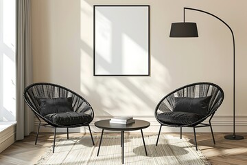 Modern Interior of Stylish Living Room ,Wall Mock Up, Frame , Poster with Beautiful Background, 3d render