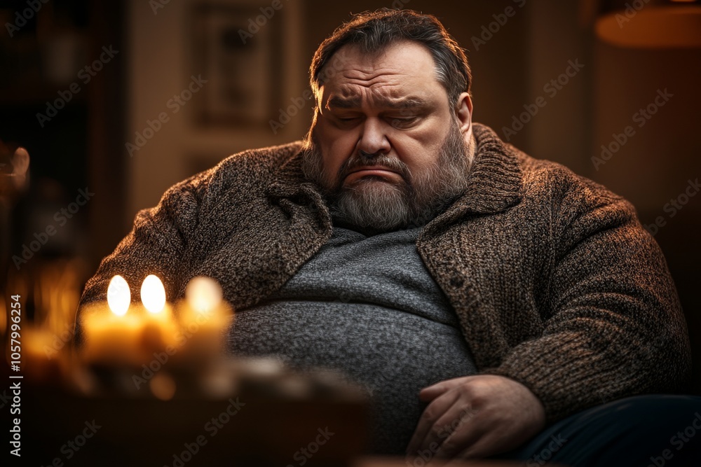 Poster portrait of middle aged man with serious expression in dimly lit setting conveying moodiness introsp