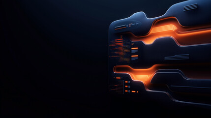 Futuristic abstract digital interface with glowing orange and dark blue elements on a textured surface, featuring curved light patterns and geometric shapes.