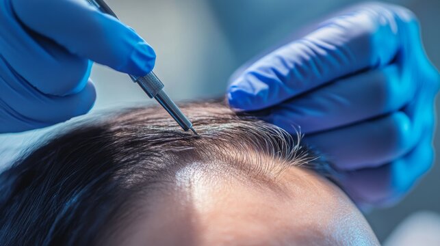 A close-up of a surgeon's gloved hand, holding a surgical instrument and working on a patient's scalp during a hair transplant procedure.