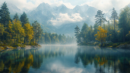 Obraz premium Serene autumn landscape with reflective lake and misty mountains