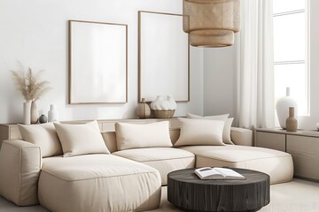 Modern Interior of Stylish Living Room ,Wall Mock Up, Frame , Poster with Beautiful Background, 3d render