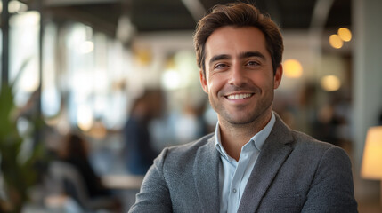 Fototapeta premium man with a smile, wearing a gray jacket and light-colored shirt, is the focus of the image