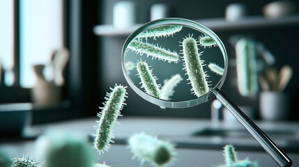 Close-up view of magnified bacteria cells floating in a kitchen environment, highlighting the concept of germs and cleanliness.