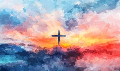 Obraz premium blurry abstract background Painting in watercolor depicting a conceptual cross or other religious symbol over a sky at sunset with clouds as God.