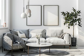 Modern Interior of Stylish Living Room ,Wall Mock Up, Frame , Poster with Beautiful Background, 3d render