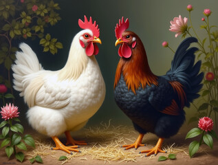 Fototapeta premium two hens, white and black, are sitting on the straw