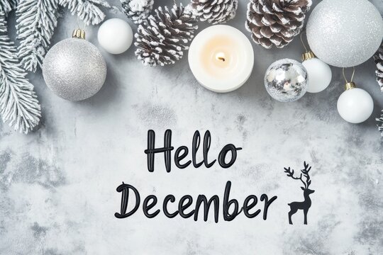 Christmas-themed background with pine cones, white Christmas balls, and a silver deer silhouette on a candle in a grey color with the text "Hello December" Generative AI