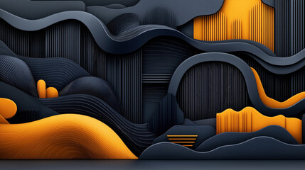 Fototapeta premium Abstract geometric 3D artwork with curved and layered shapes in dark blue and orange hues, featuring ridged textures and smooth surfaces with a modern design aesthetic.