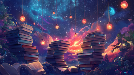 Books stacked under starry sky with hanging lights and cosmic elements cosmic literature theme with mystical atmosphere. Surrealist Dreamscape. Illustration