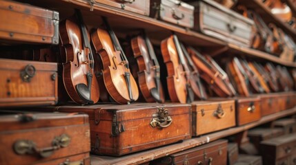 A section for storing delicate and ancient musical instruments with specialized cases and climate control measures.