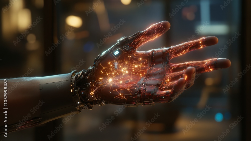 Aufkleber A metallic hand with intricate wiring is illuminated by a stream of bright, orange sparks. The hand is posed with fingers extended, as if reaching out to touch something.
