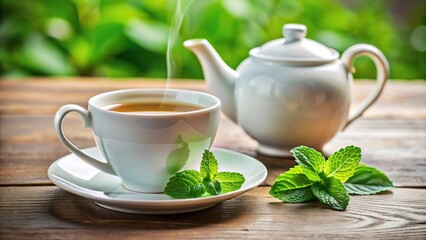 Mint tea cup with saucer and kettle in background