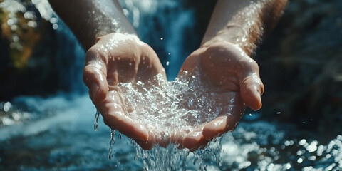 Fototapeta premium Closeup of nature waterfall river water stream flowing, splash in man hands