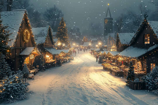 A snowy street with Christmas lights and Christmas market stands
