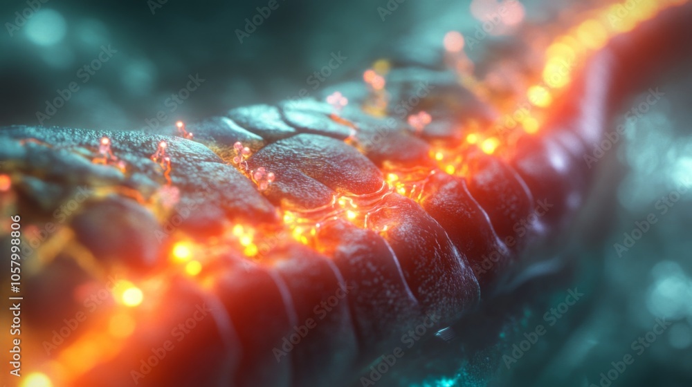 Poster a close-up view of a glowing orange neural pathway, possibly part of a brain or nervous system, agai