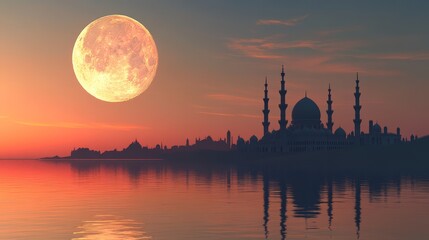 Naklejka premium Serene Moonlit Mosque Reflection Against a Colorful Sky
