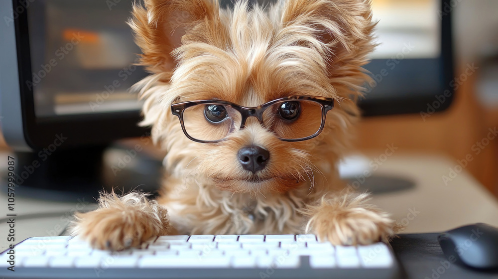 Poster a small dog, equipped with stylish glasses, appears to be typing on a keyboard, creating a charming 