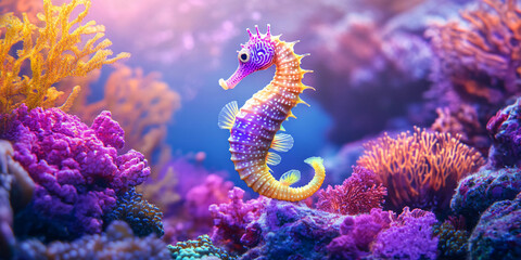 an underwater photo of a purple and yellow seahorse swimming around a vibrant coral reef