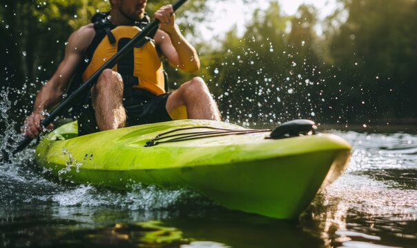 Cropped image of kayak against man kayaking in lake