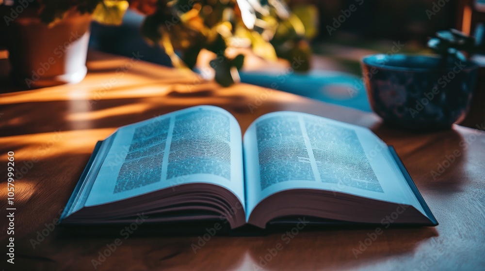 Poster an open book rests on a table, illuminated by soft sunlight, inviting reading and reflection.