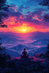 Obraz premium A person sits cross-legged on a rocky ledge, immersed in meditation as a stunning sunset paints the sky with vibrant colors over misty mountains