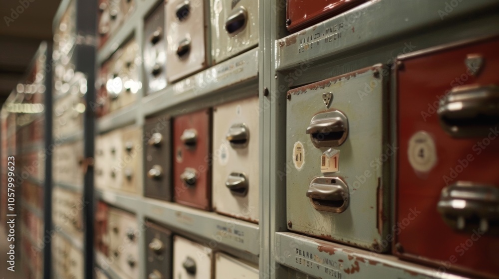 Poster a row of lockers where visitors can store their personal belongings while browsing the archive.