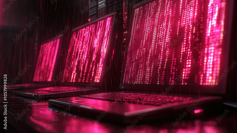 Poster three laptops are arranged in a dimly lit space, showcasing vibrant red data streams across their sc