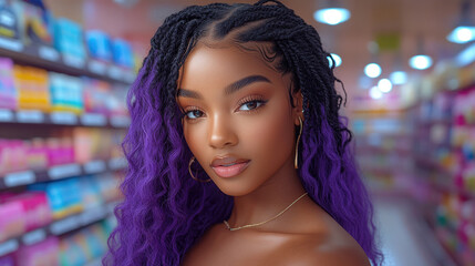 A confident young woman showcases her striking purple hair while standing in a well-lit store surrounded by colorful merchandise