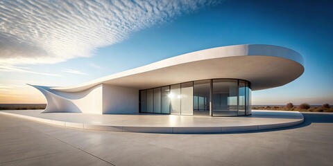 modern architectural structure with curved white walls and flat roof in desert environment