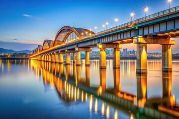 Modern asymmetrical Banghwa Bridge over Han River in Seoul
